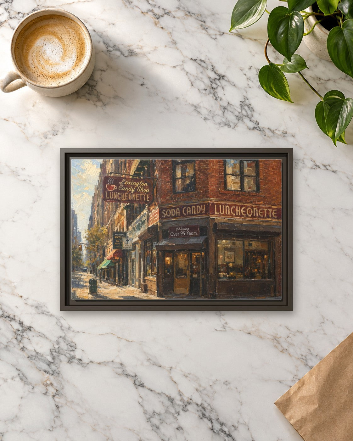 Lexington Candy Shop framed canvas print lying on a table