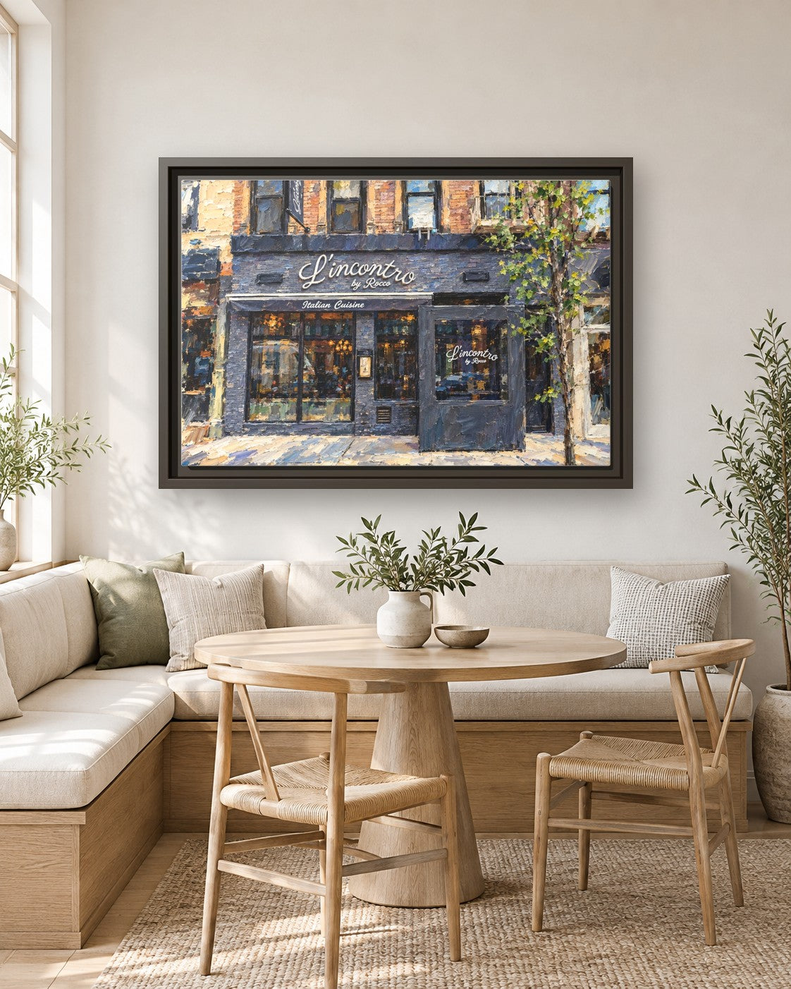 L'incontro by Rocco framed canvas print in a breakfast nook