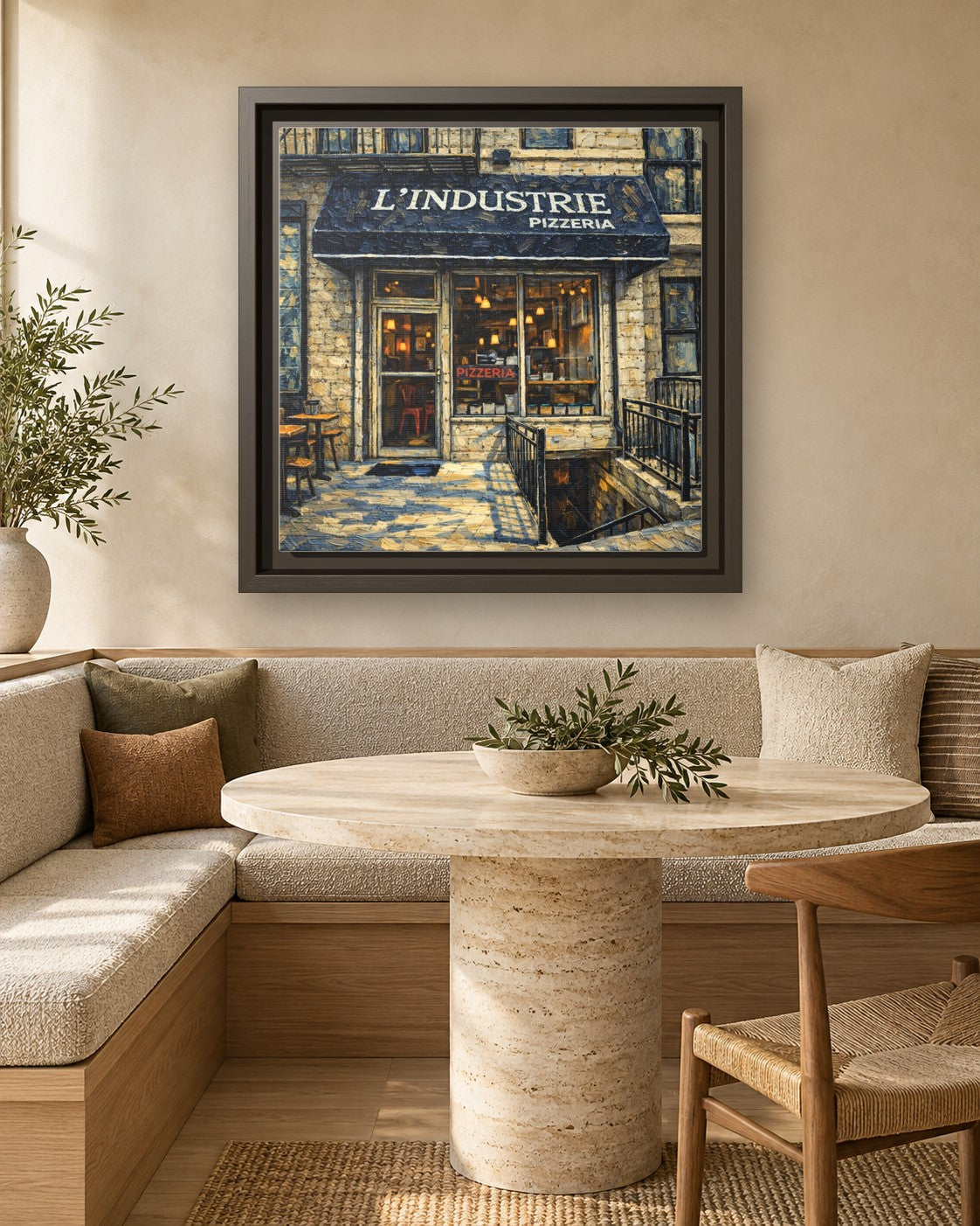 L'industrie Pizza framed canvas print in a breakfast nook