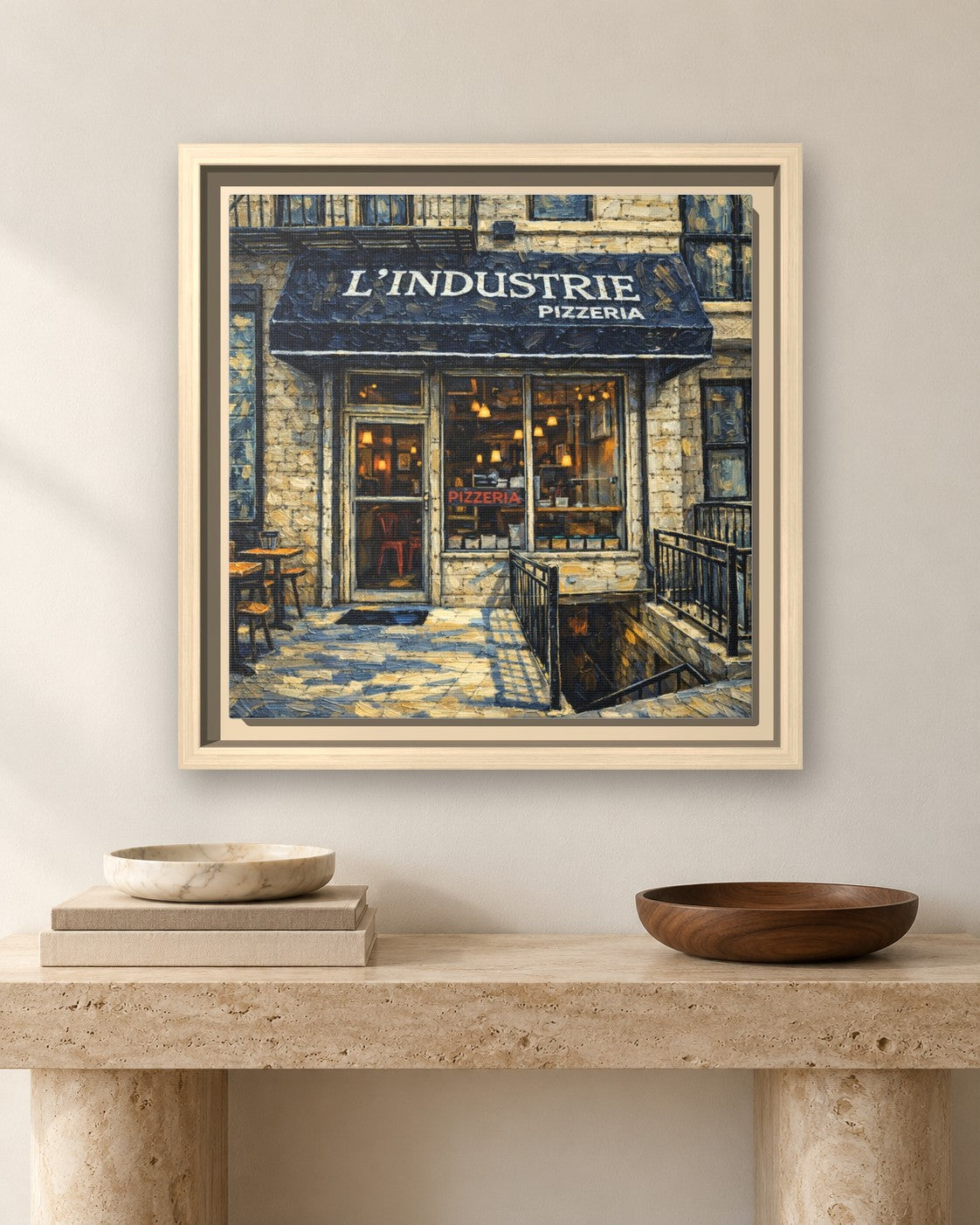 L'industrie Pizza framed canvas print hanging above a sideboard