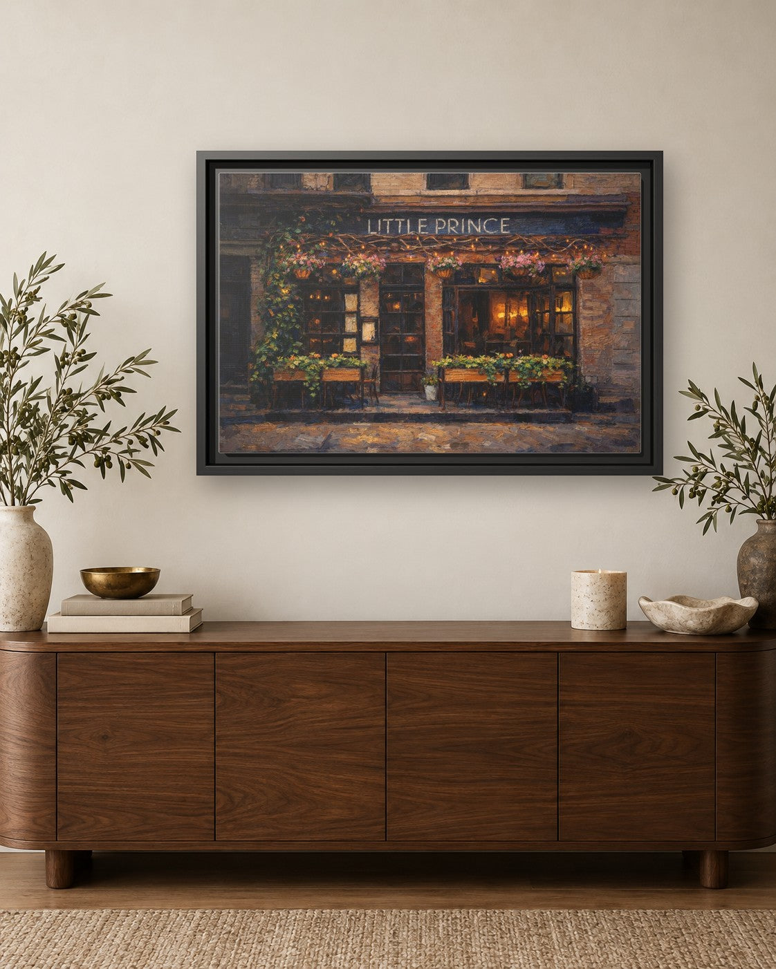 Little Prince framed canvas print hanging above a credenza