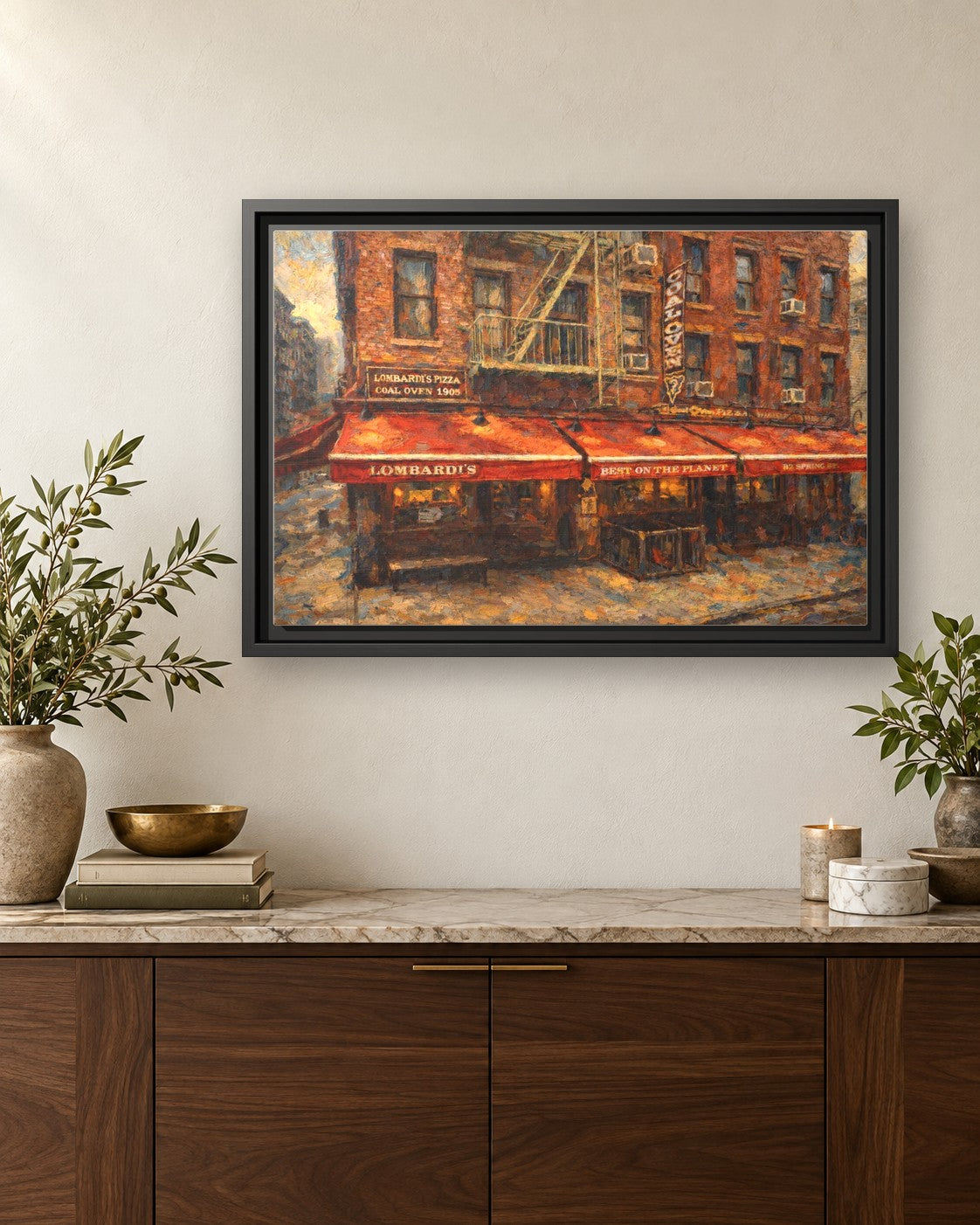 Lombardi's Pizza framed canvas print hanging above a credenza
