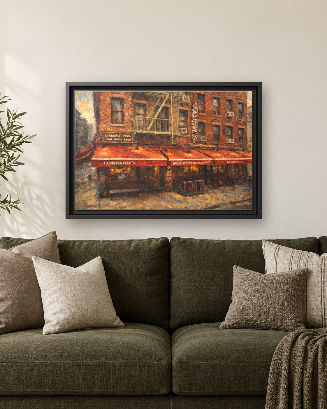 Lombardi's Pizza framed canvas print hanging above a sofa