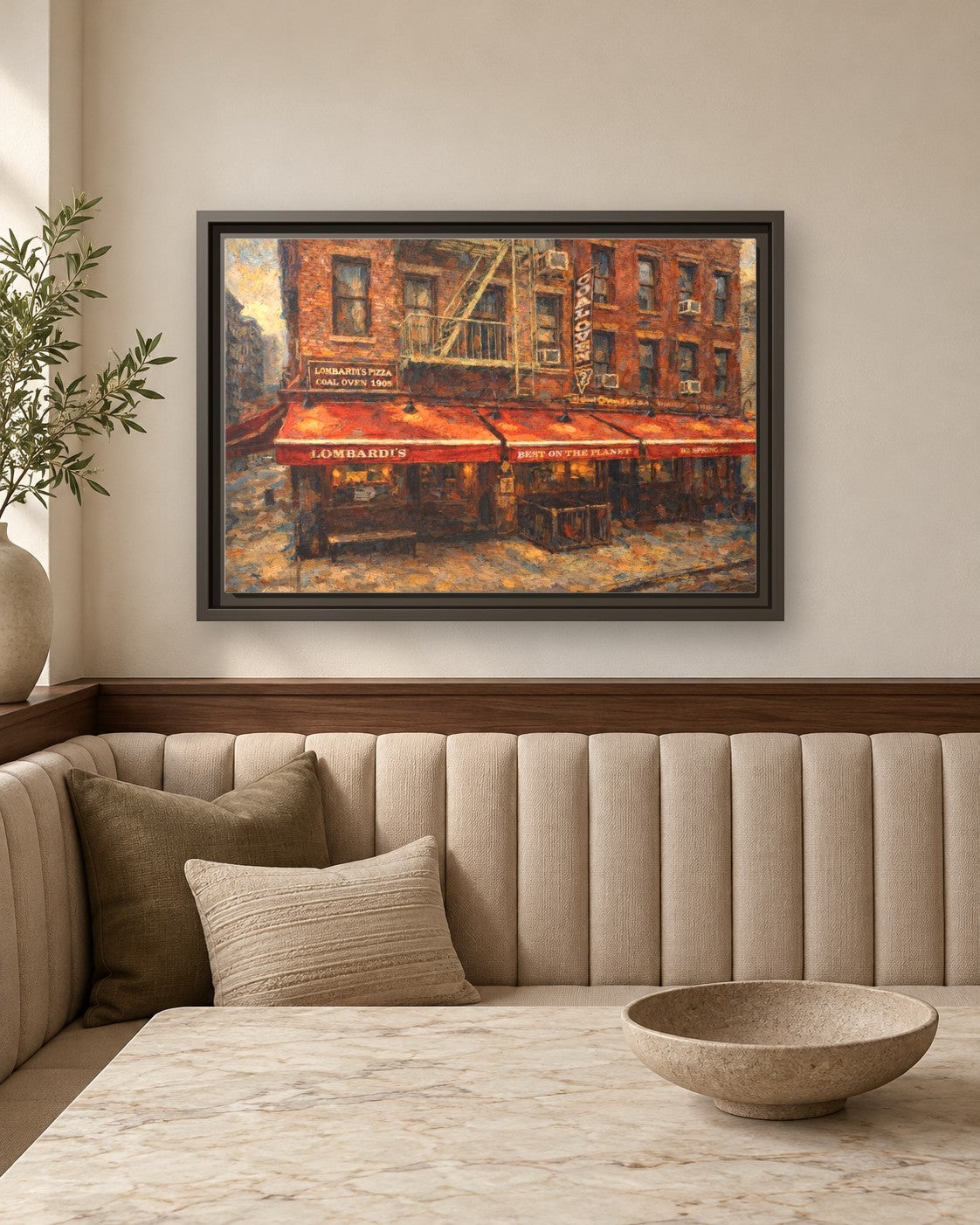 Lombardi's Pizza framed canvas print in a breakfast nook