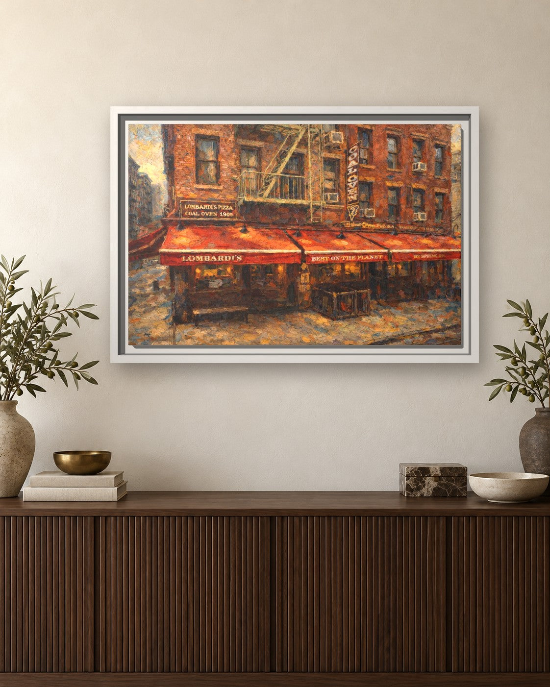 Lombardi's Pizza framed canvas print hanging above a sideboard