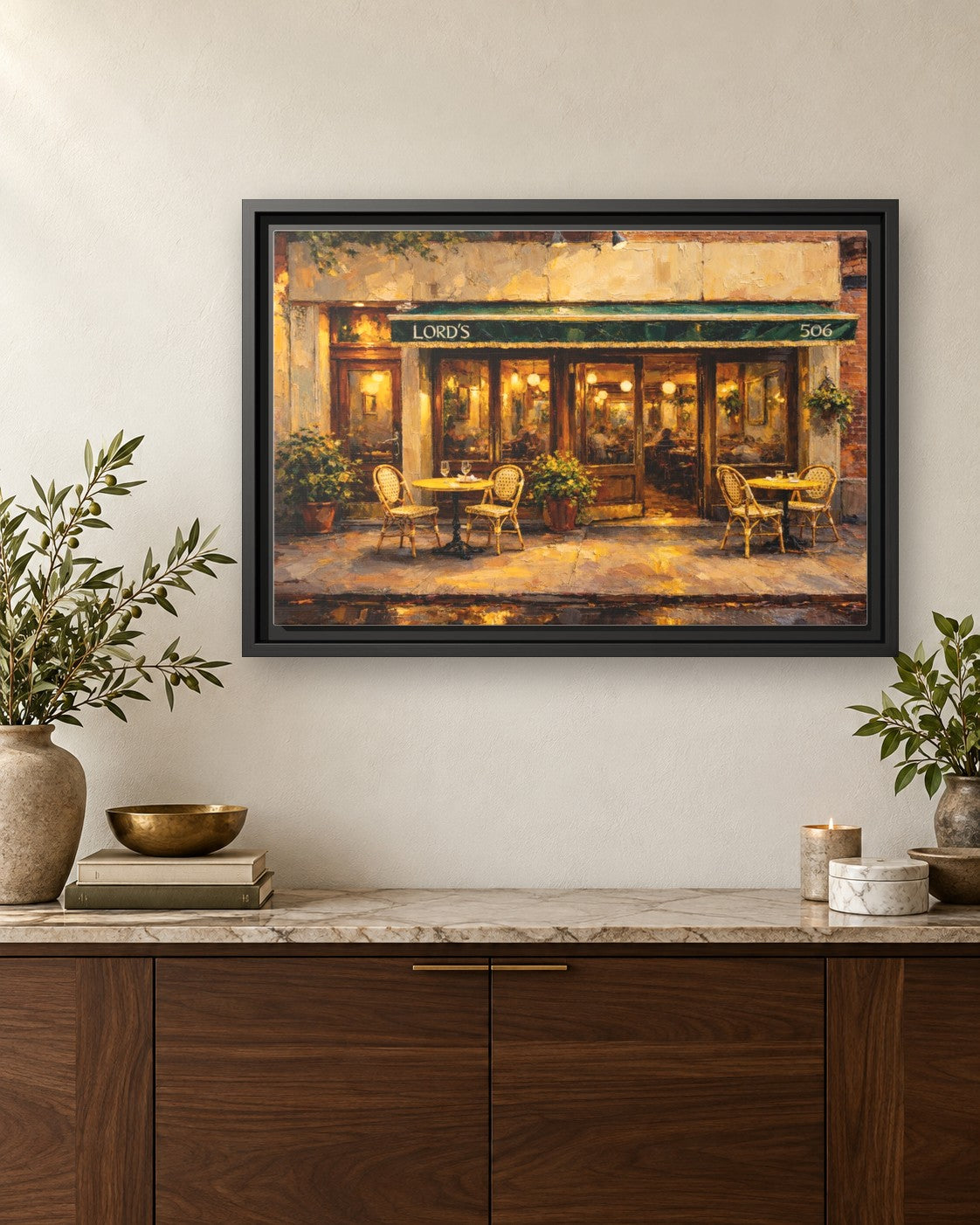 Lord's framed canvas print hanging above a credenza