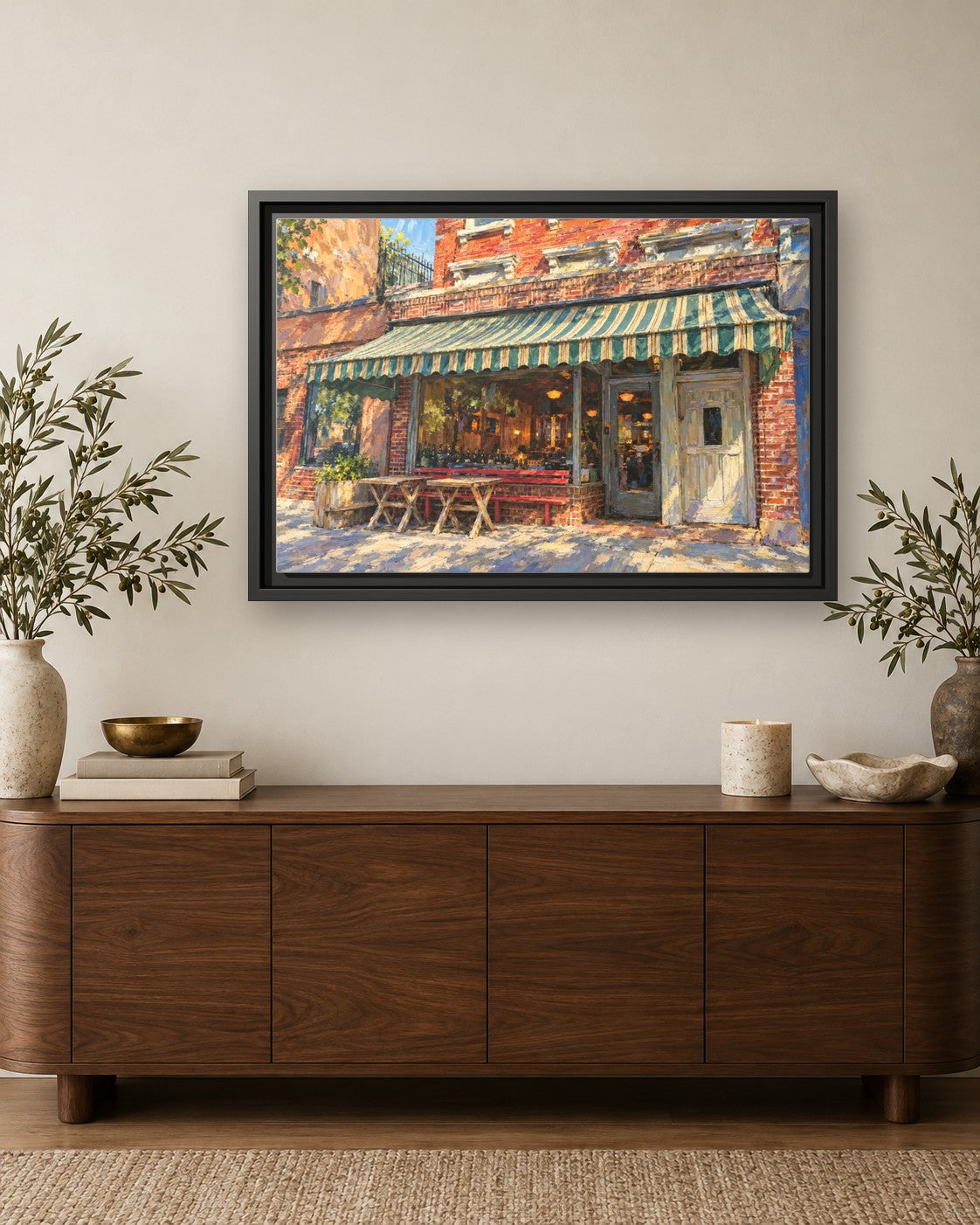 Lucali framed canvas print hanging above a credenza