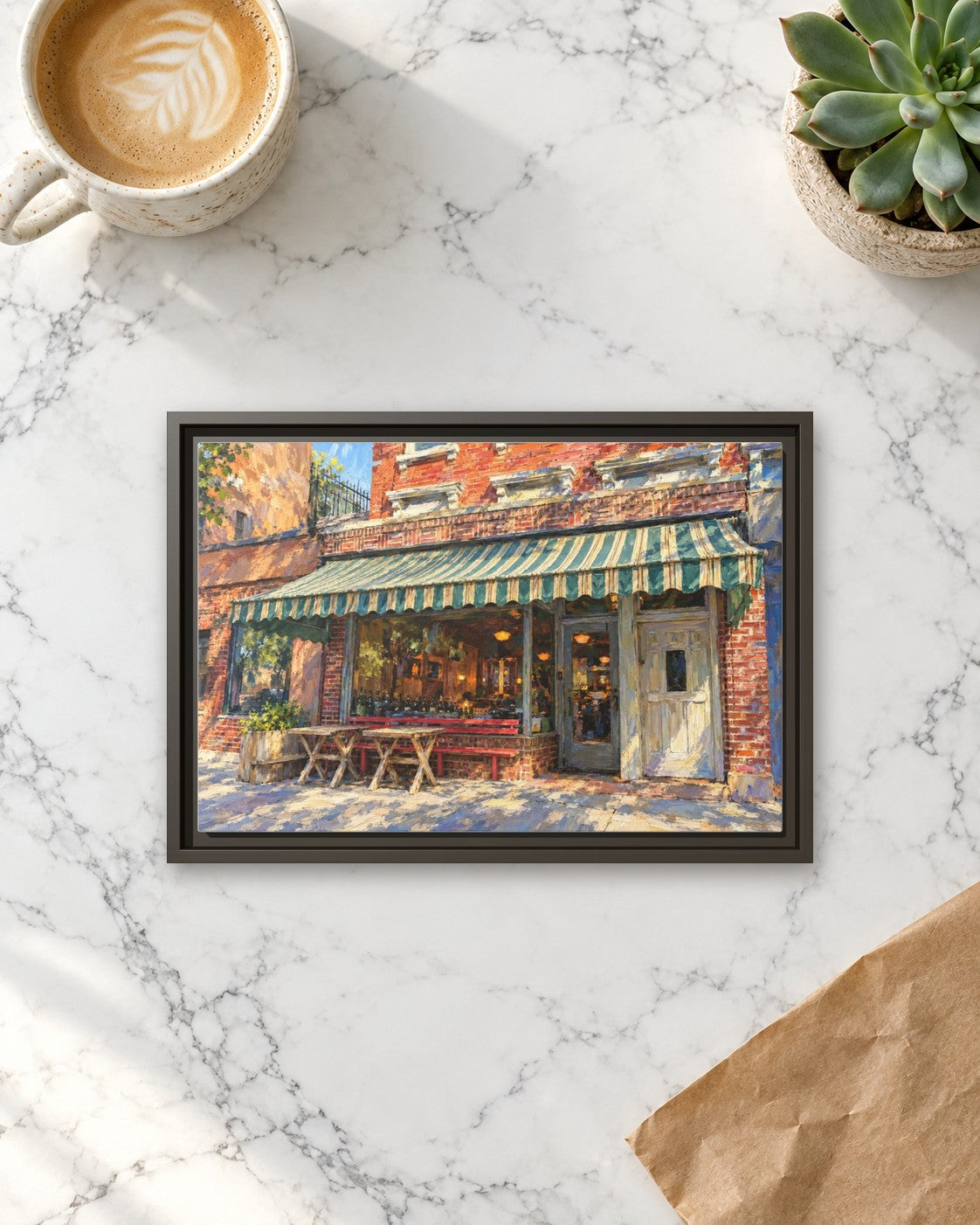 Lucali framed canvas print lying on a table