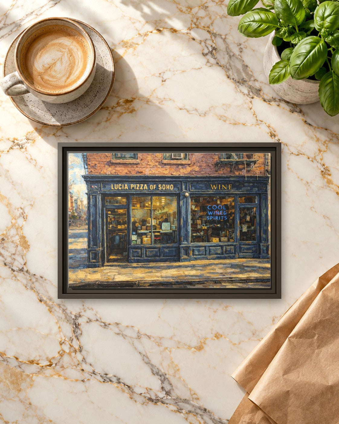 Lucia Pizza of Soho framed canvas print lying on a table