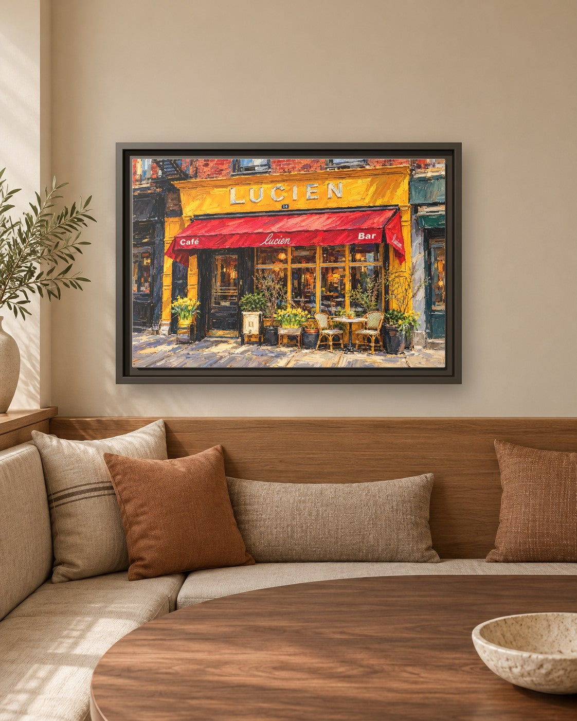 Lucien's framed canvas print in a breakfast nook