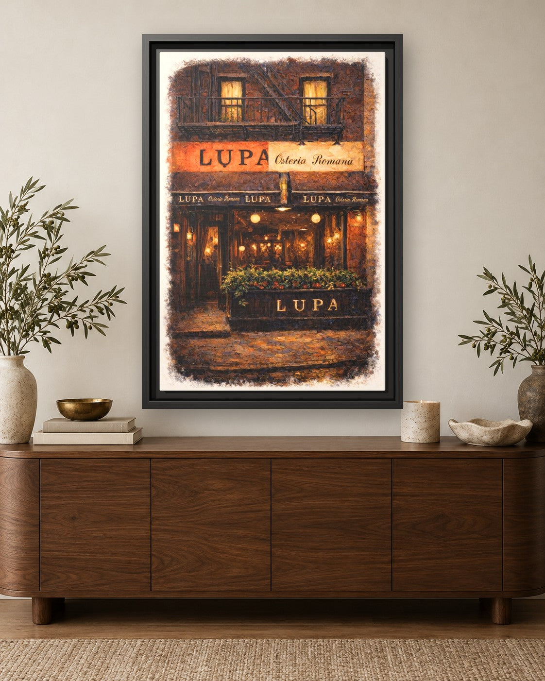Lupa Osteria Romana framed canvas print hanging above a credenza