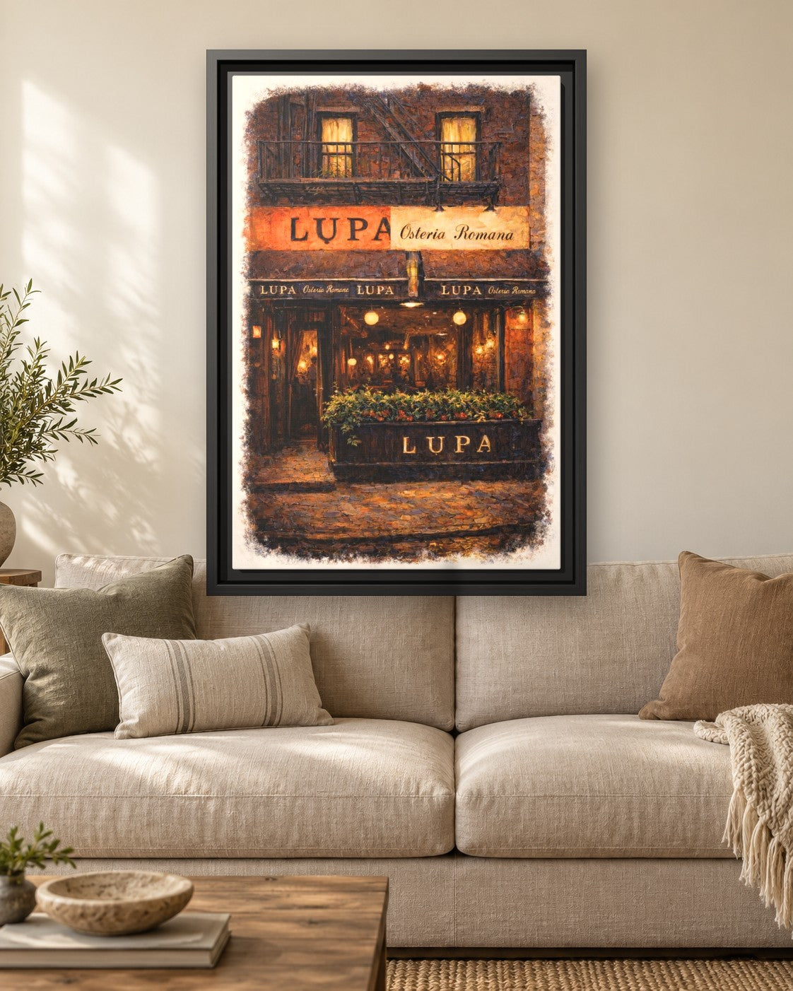 Lupa Osteria Romana framed canvas print hanging above a sofa