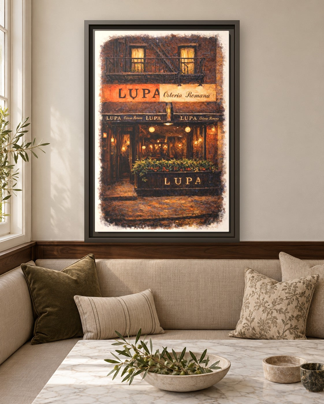 Lupa Osteria Romana framed canvas print in a breakfast nook