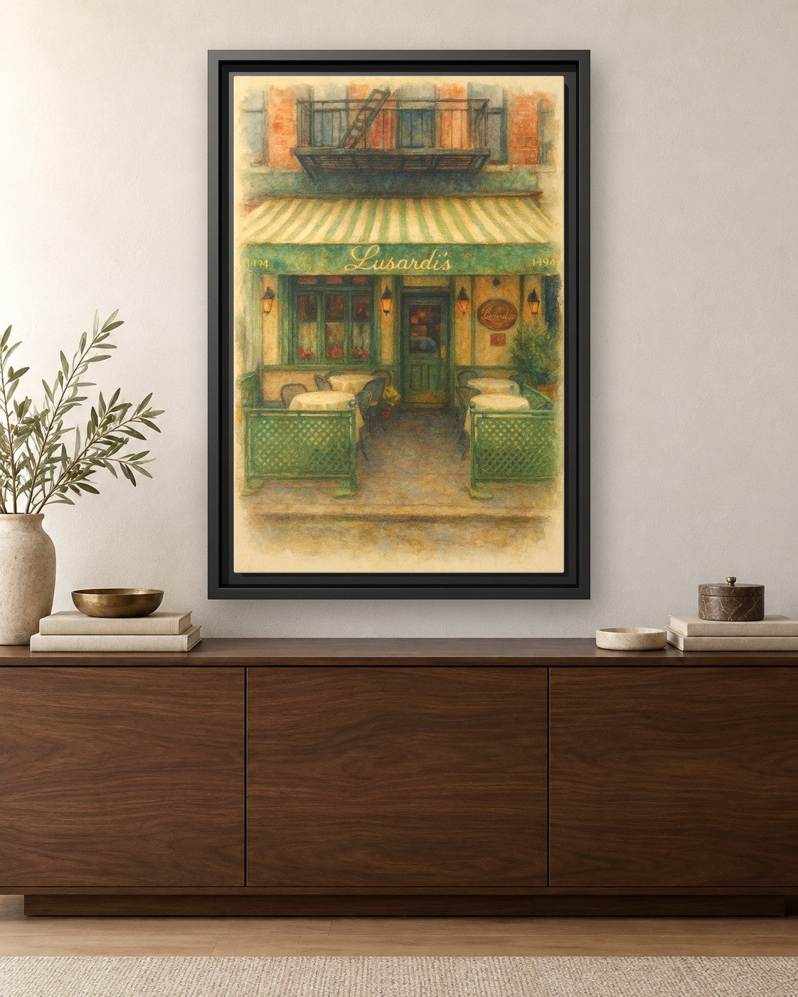 Lusardi's framed canvas print hanging above a credenza