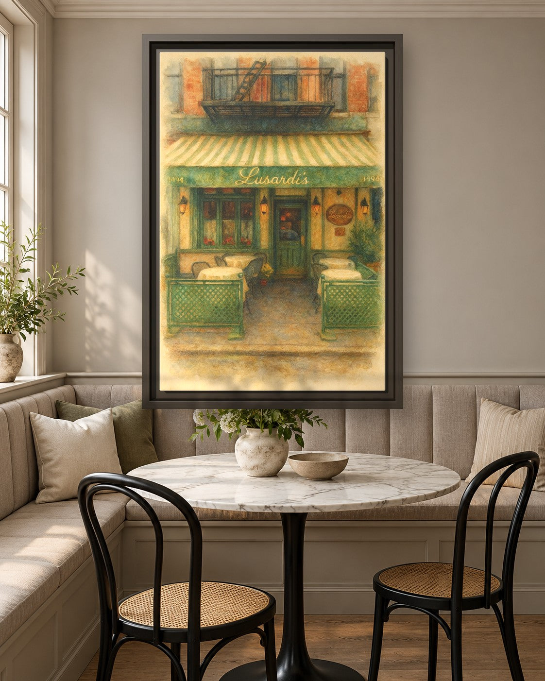 Lusardi's framed canvas print in a breakfast nook