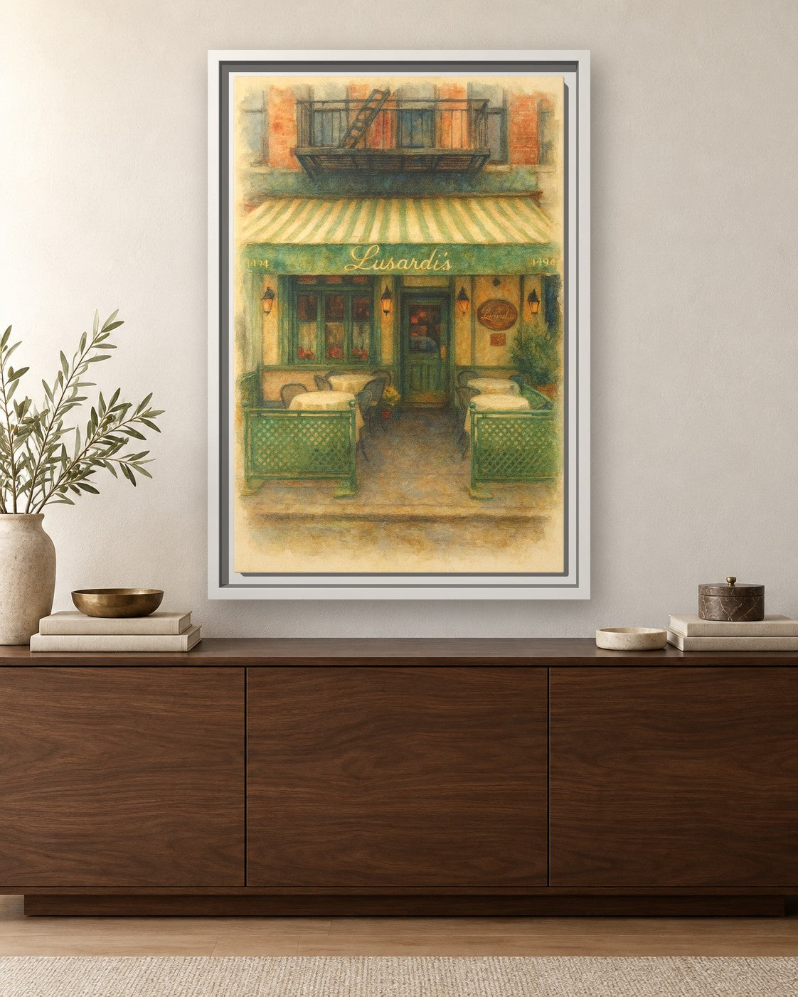 Lusardi's framed canvas print hanging above a sideboard