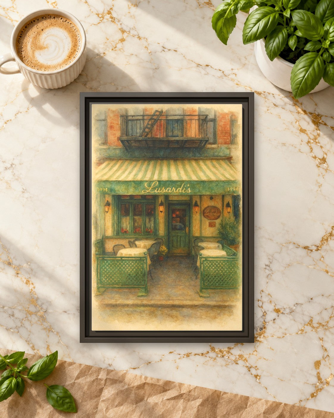 Lusardi's framed canvas print lying on a table