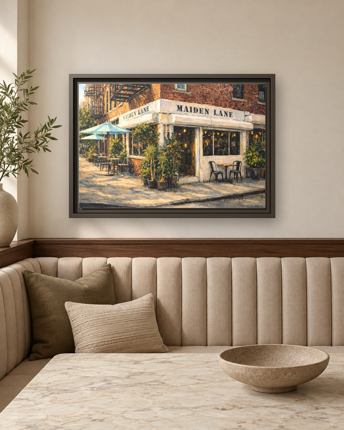 Maiden Lane framed canvas print in a breakfast nook