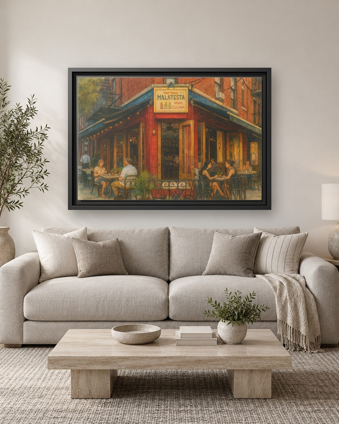 Malatesta Trattoria framed canvas print hanging above a sofa