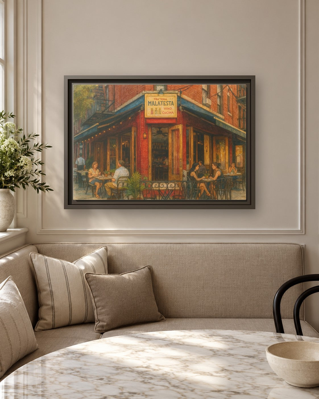 Malatesta Trattoria framed canvas print in a breakfast nook