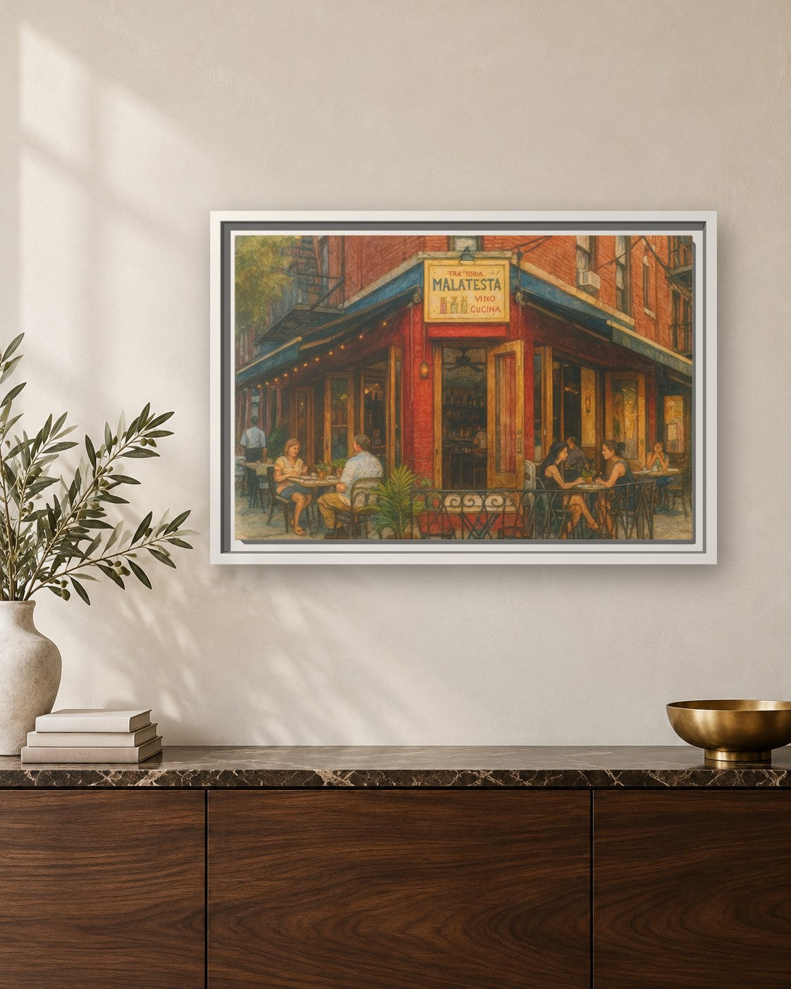Malatesta Trattoria framed canvas print hanging above a sideboard