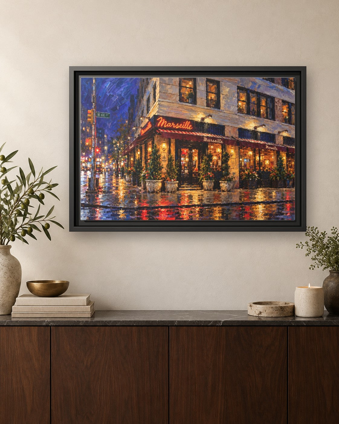 Marseille framed canvas print hanging above a credenza