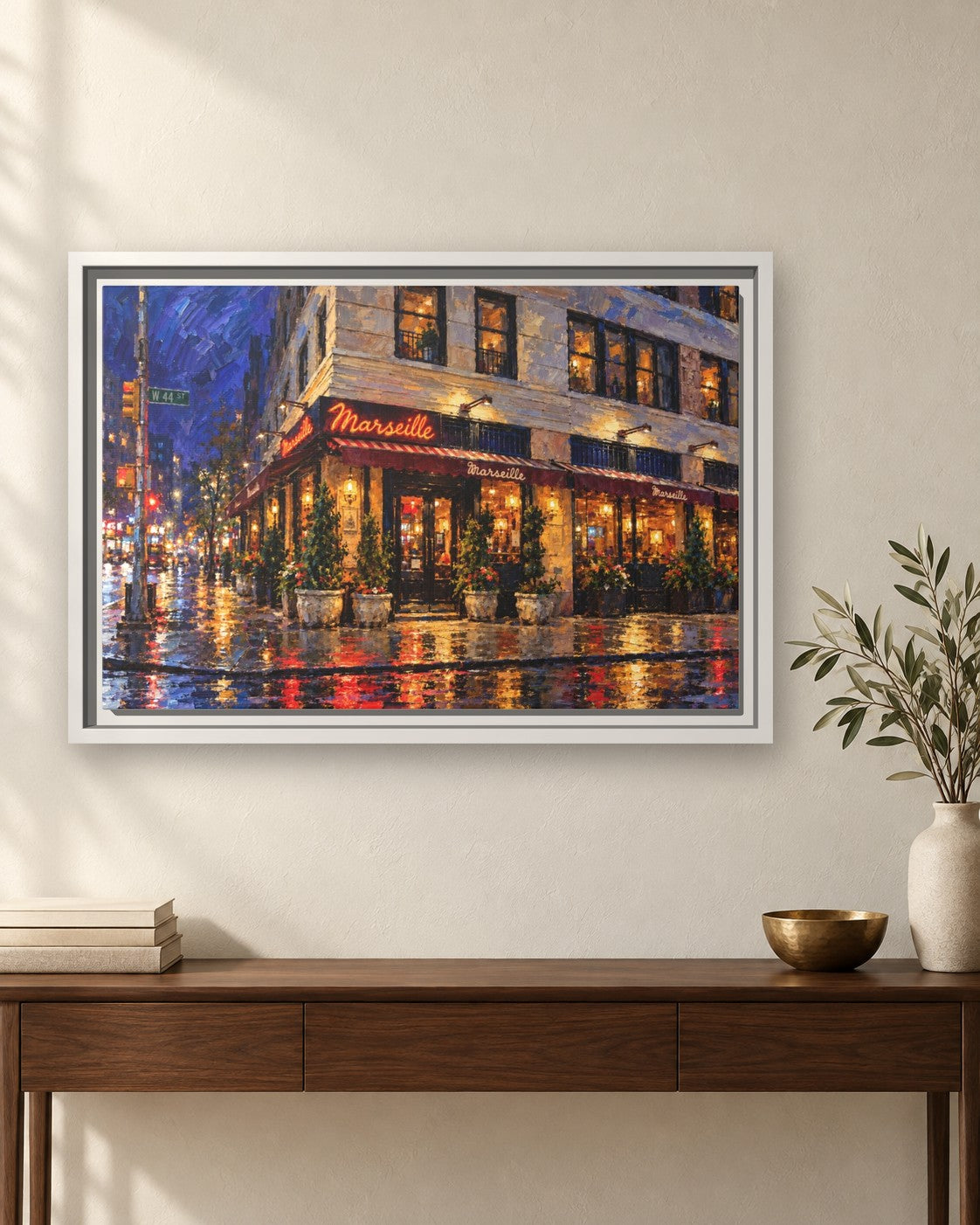 Marseille framed canvas print hanging above a sideboard