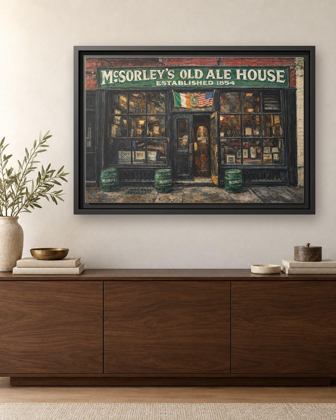McSorley's Old Ale House framed canvas print hanging above a credenza