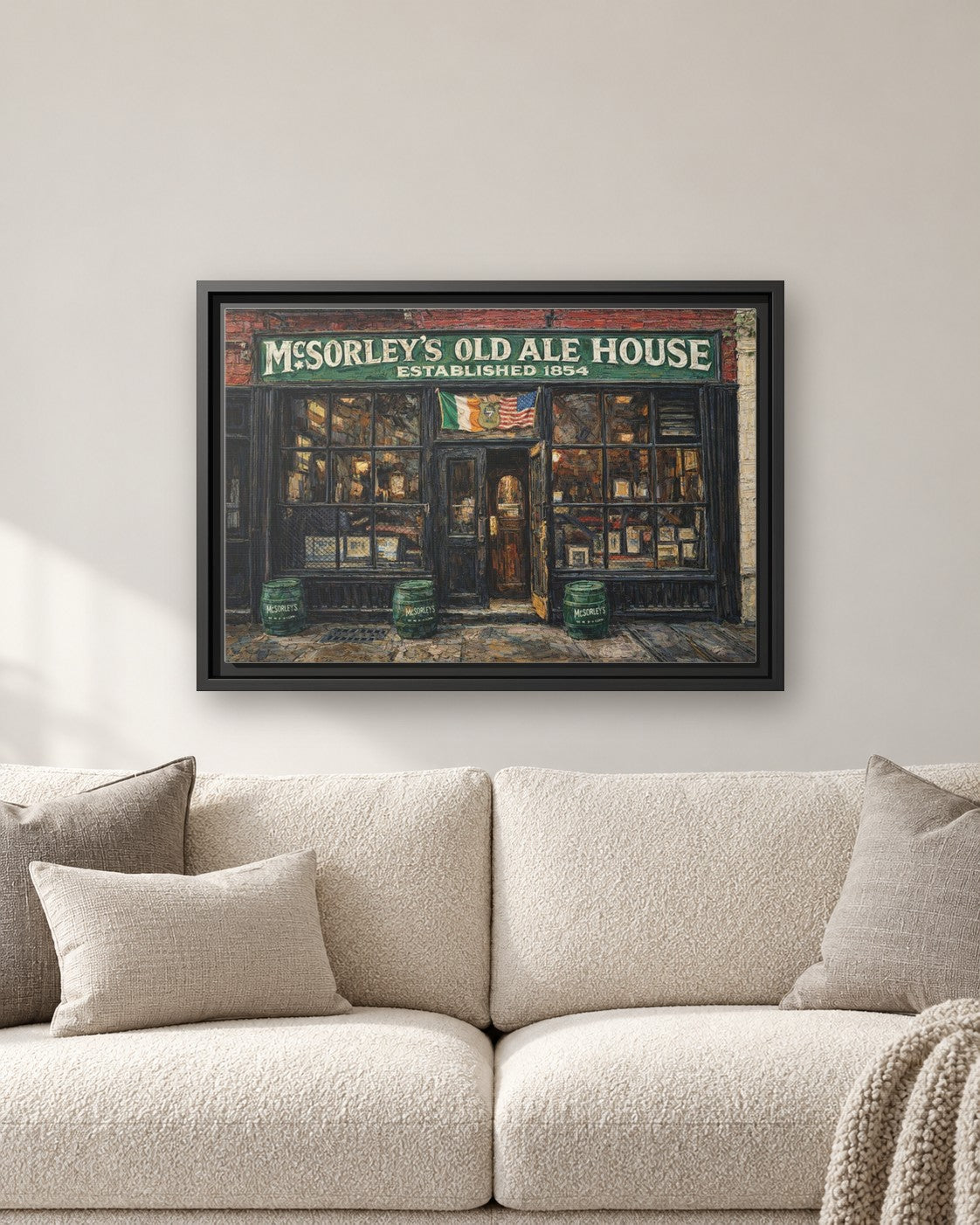 McSorley's Old Ale House framed canvas print hanging above a sofa