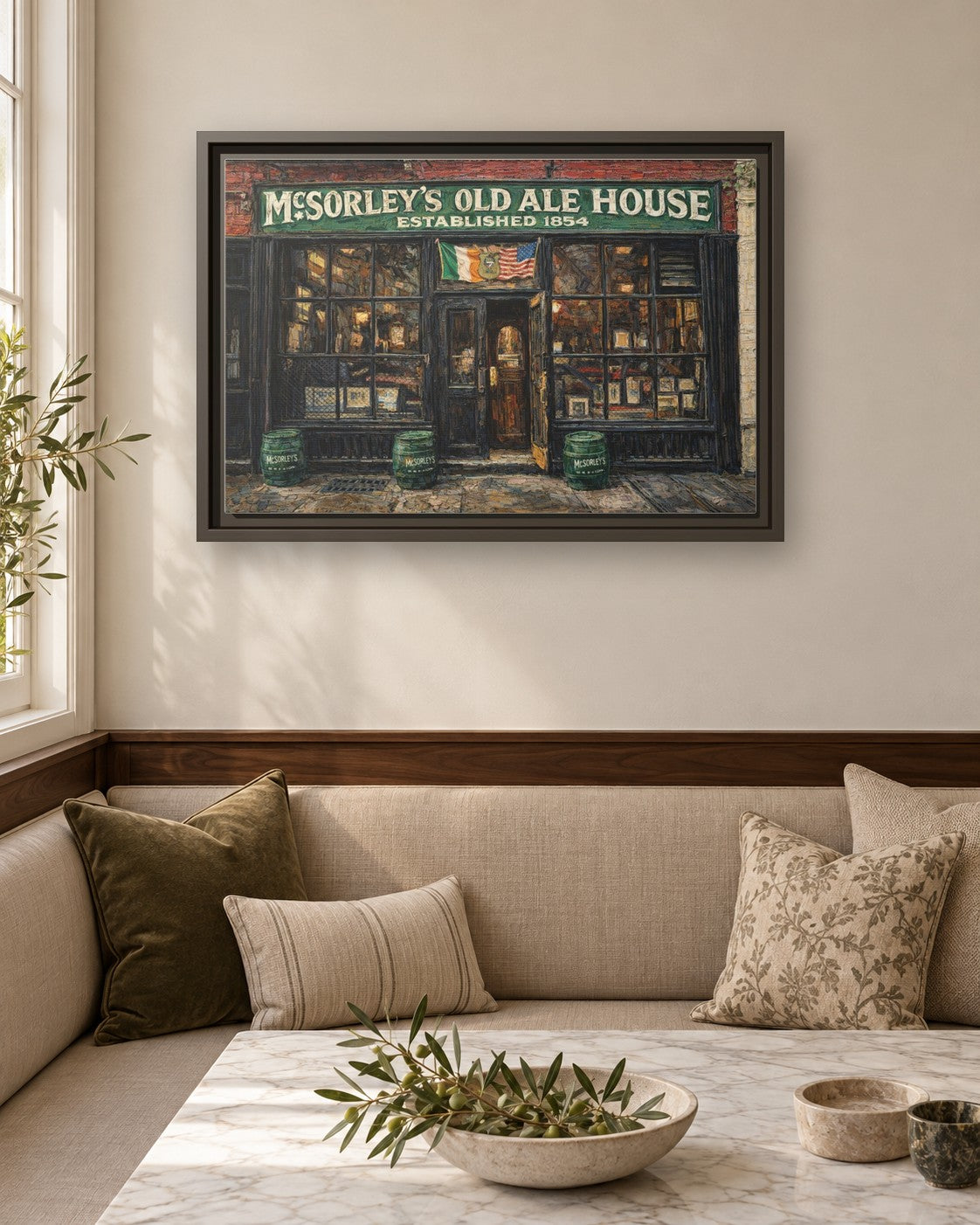 McSorley's Old Ale House framed canvas print in a breakfast nook