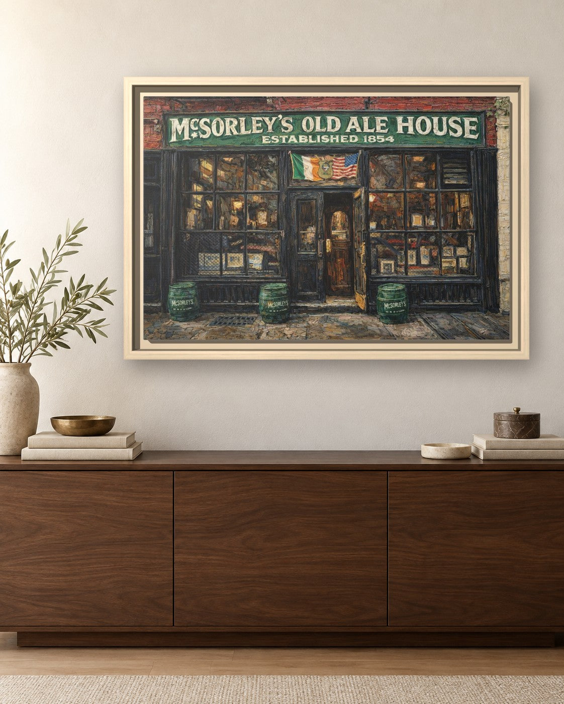 McSorley's Old Ale House framed canvas print hanging above a sideboard