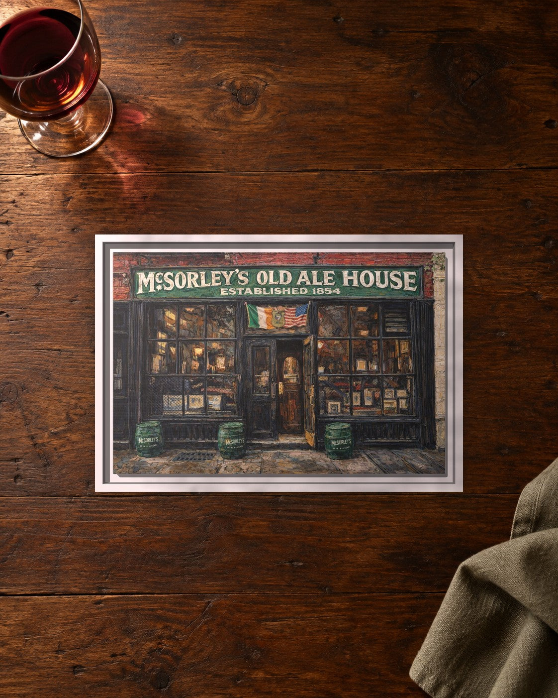 McSorley's Old Ale House framed canvas print lying on a table