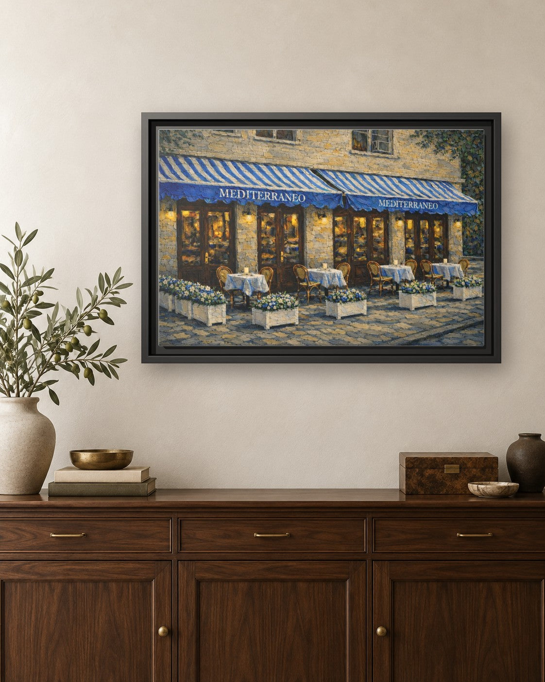 Mediterraneo framed canvas print hanging above a credenza