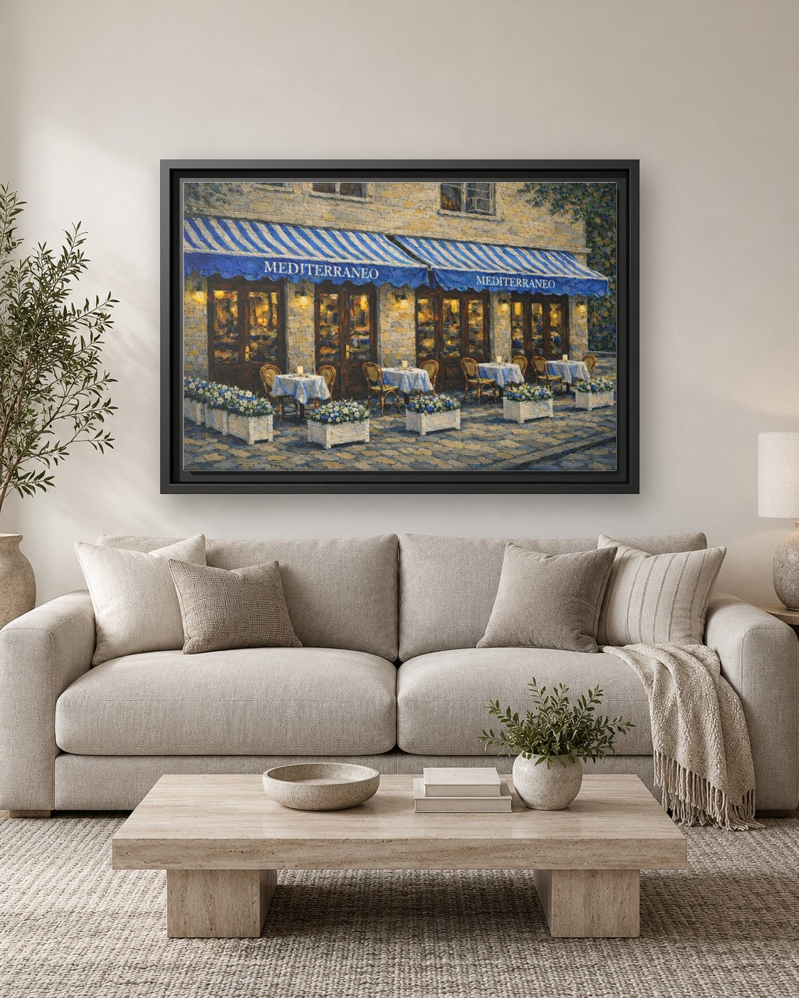 Mediterraneo framed canvas print hanging above a sofa