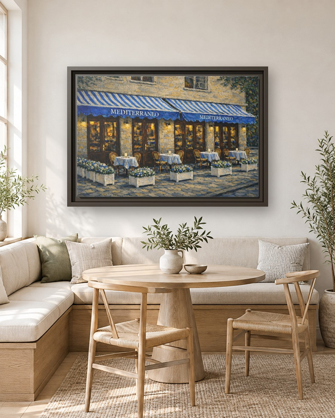 Mediterraneo framed canvas print in a breakfast nook