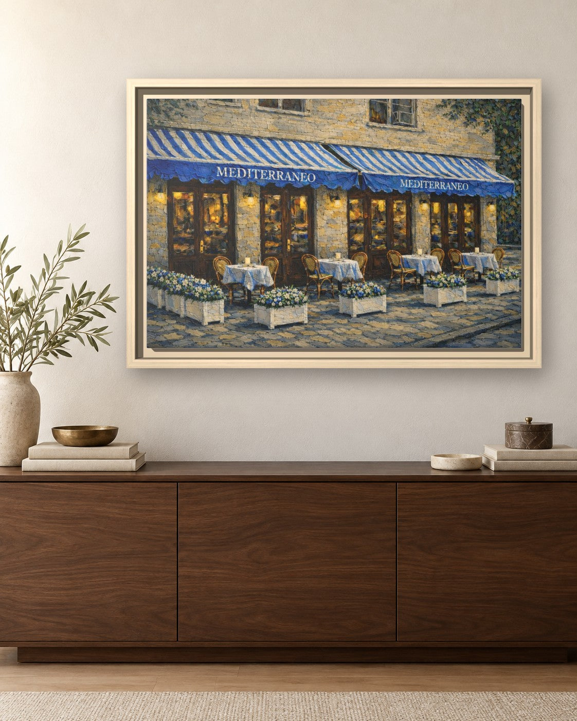Mediterraneo framed canvas print hanging above a sideboard