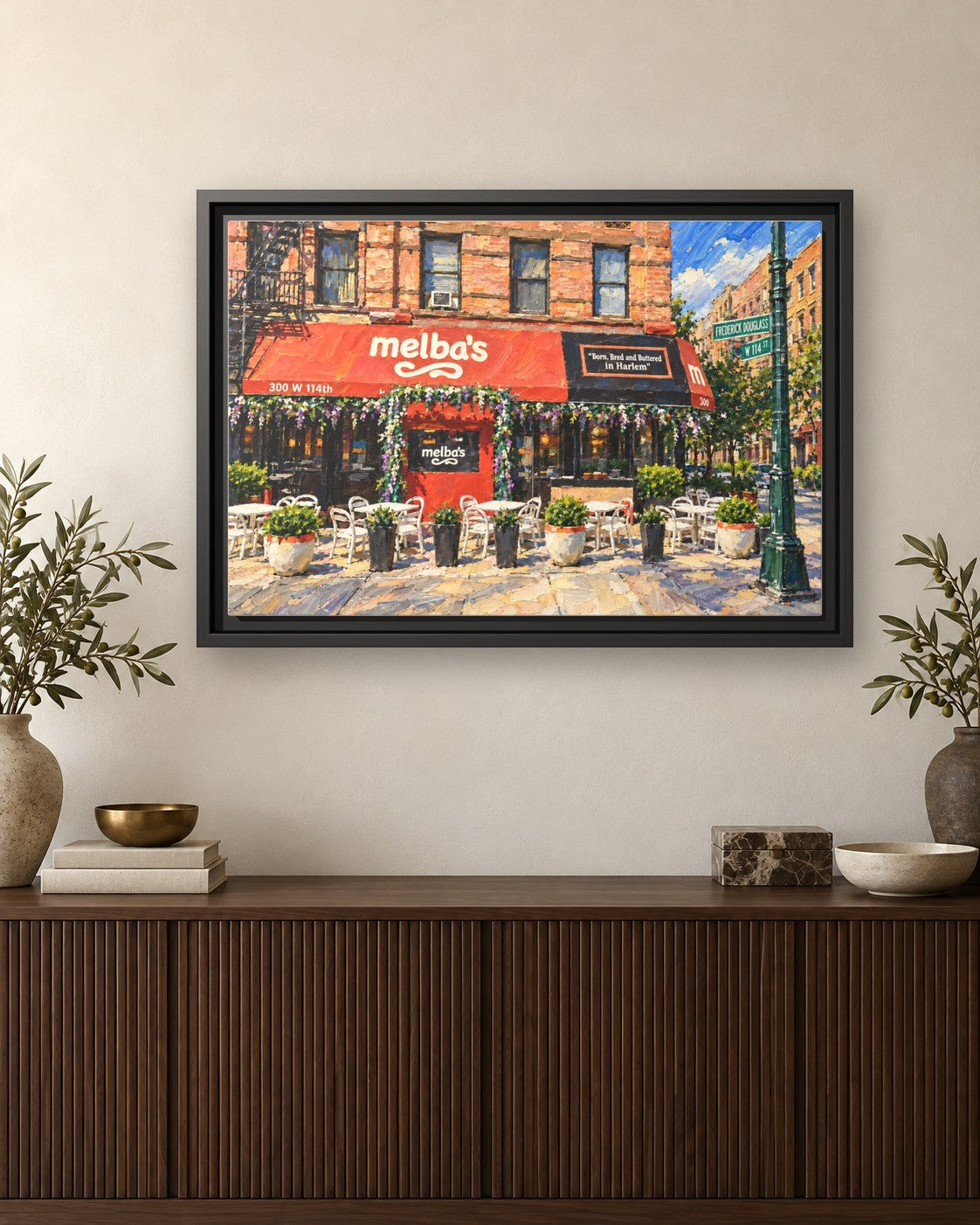 Melba's Restaurant framed canvas print hanging above a credenza