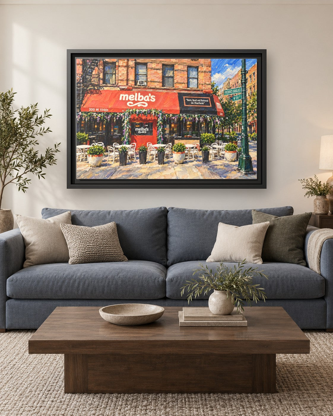 Melba's Restaurant framed canvas print hanging above a sofa