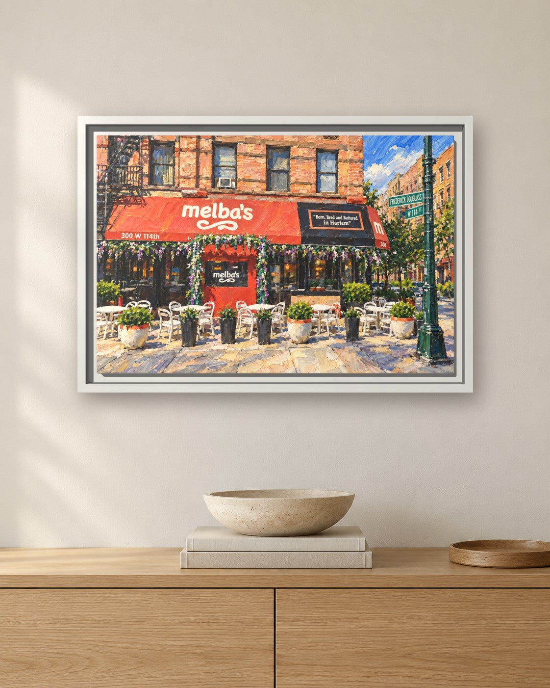 Melba's Restaurant framed canvas print hanging above a sideboard