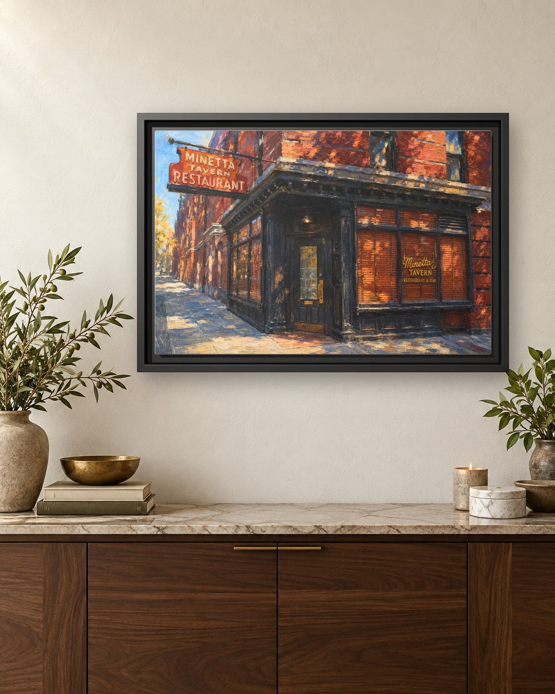 Minetta Tavern framed canvas print hanging above a credenza