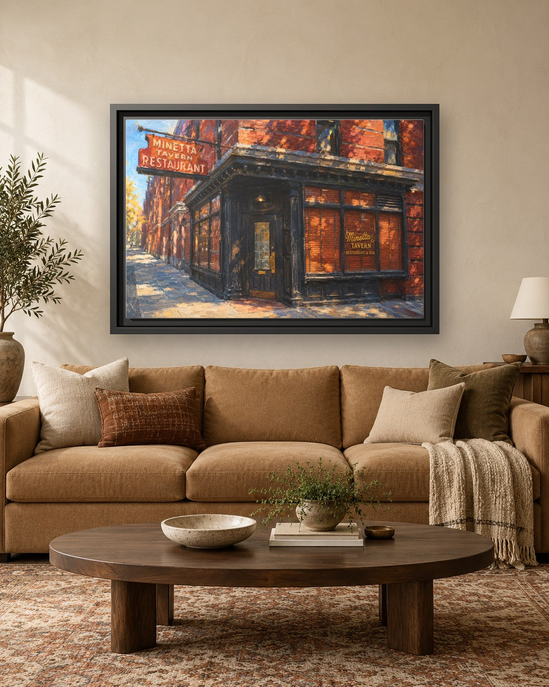 Minetta Tavern framed canvas print hanging above a sofa