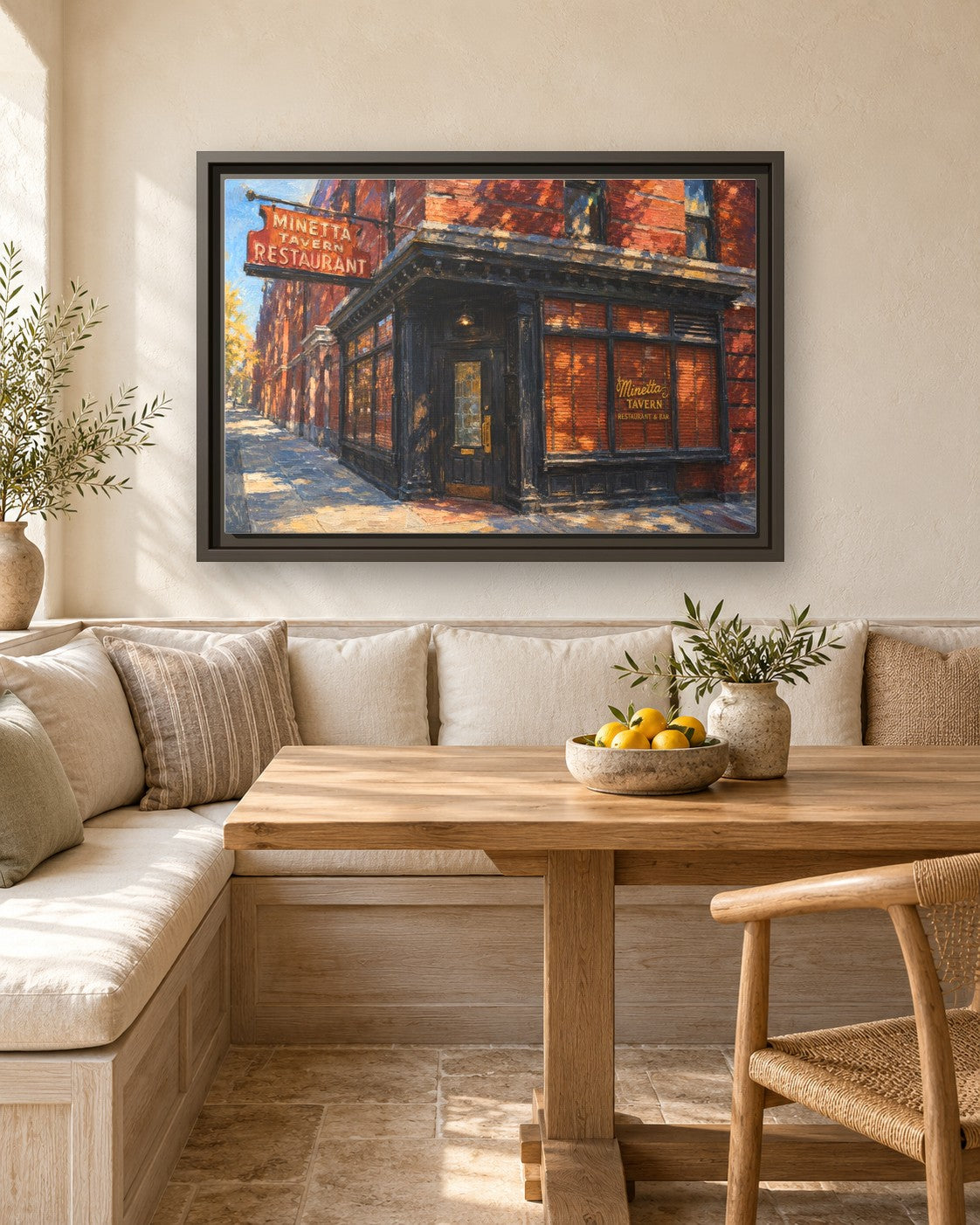 Minetta Tavern framed canvas print in a breakfast nook