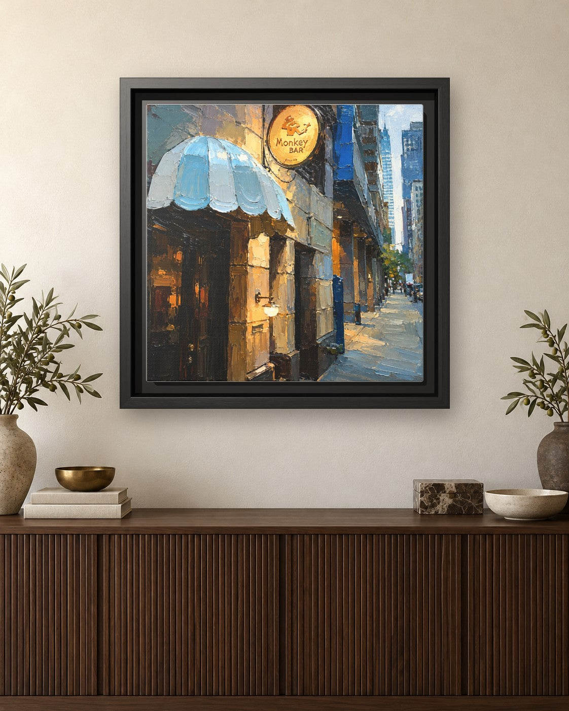 Monkey Bar framed canvas print hanging above a credenza