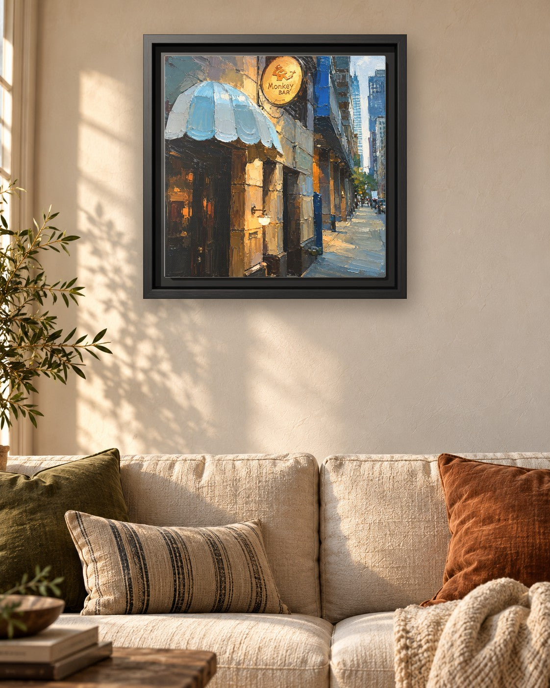Monkey Bar framed canvas print hanging above a sofa