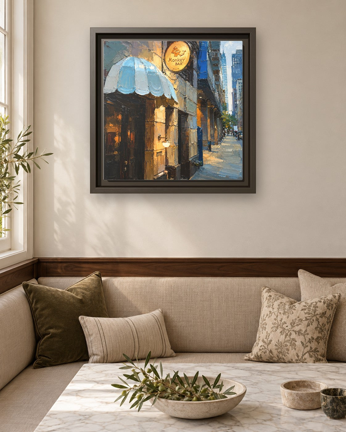 Monkey Bar framed canvas print in a breakfast nook