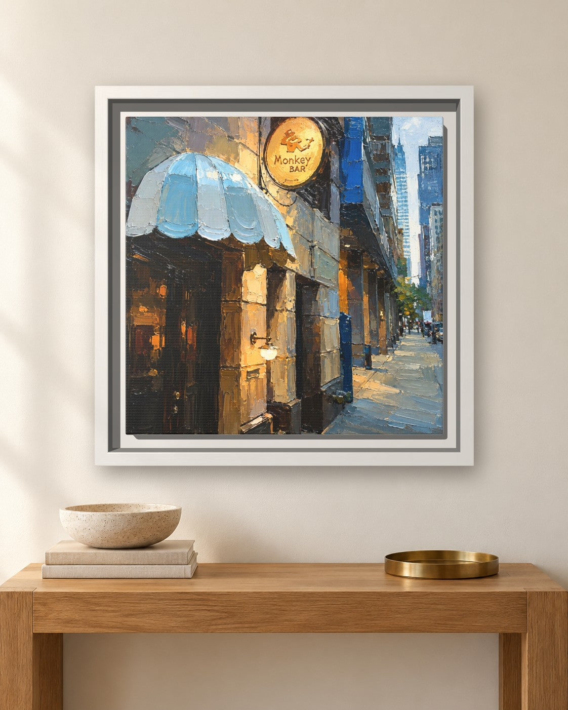 Monkey Bar framed canvas print hanging above a sideboard