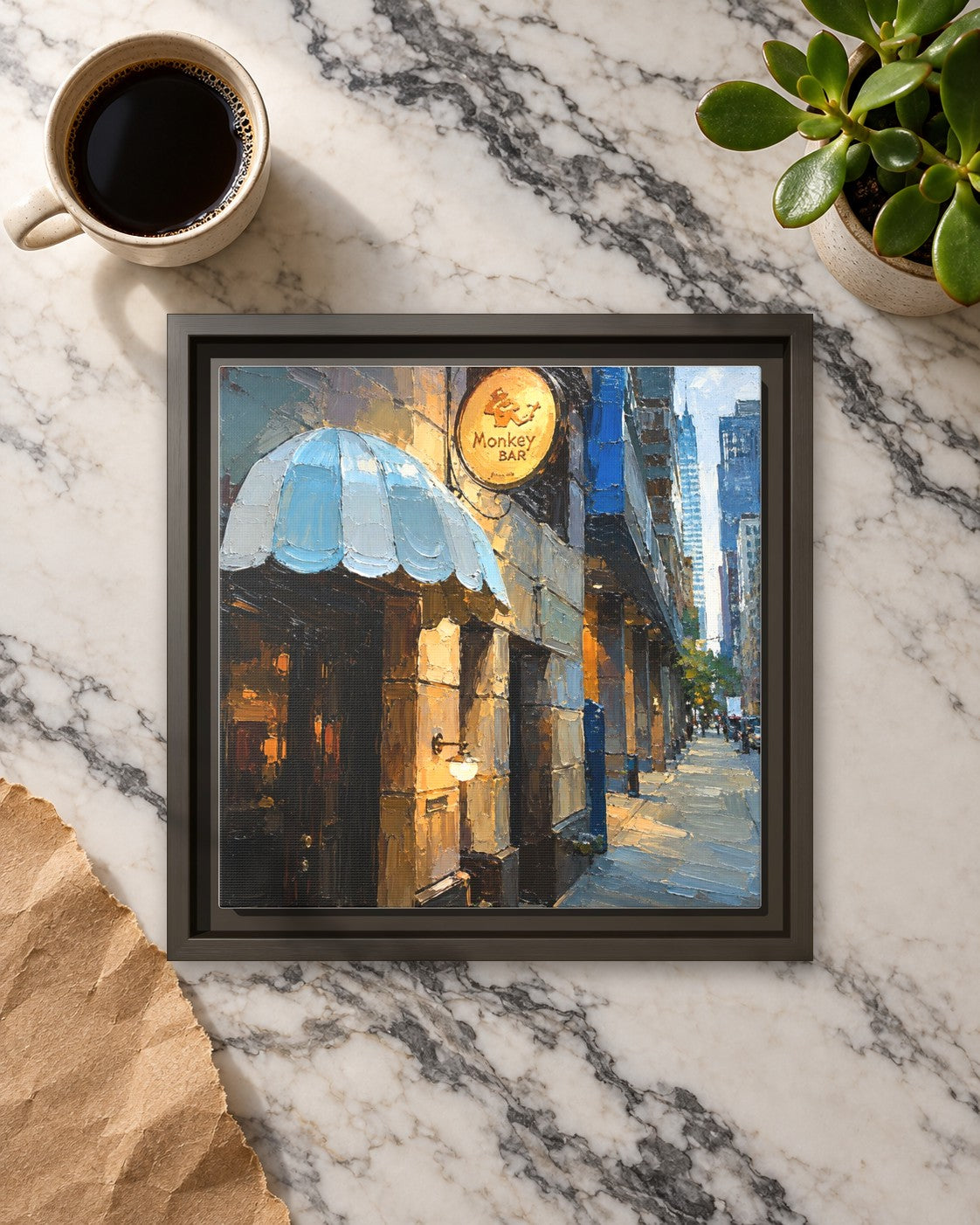 Monkey Bar framed canvas print lying on a table
