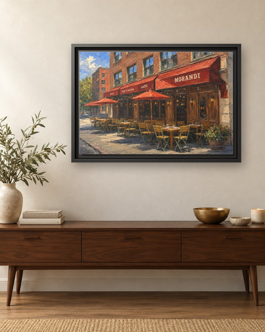 Morandi framed canvas print hanging above a credenza