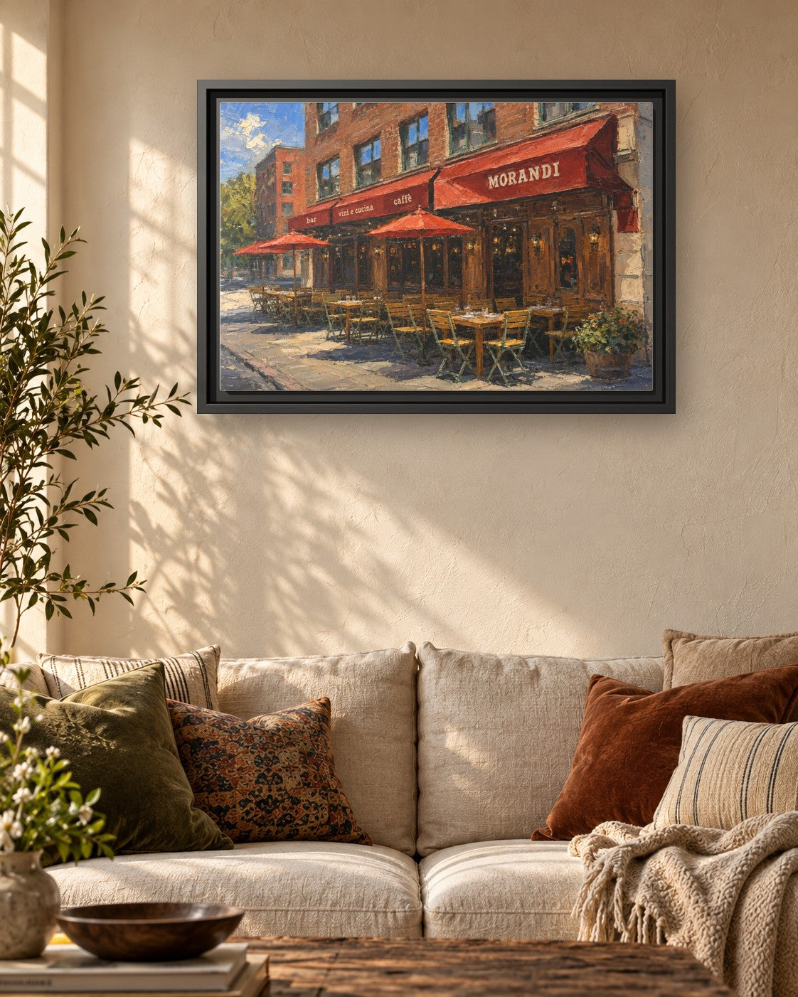 Morandi framed canvas print hanging above a sofa