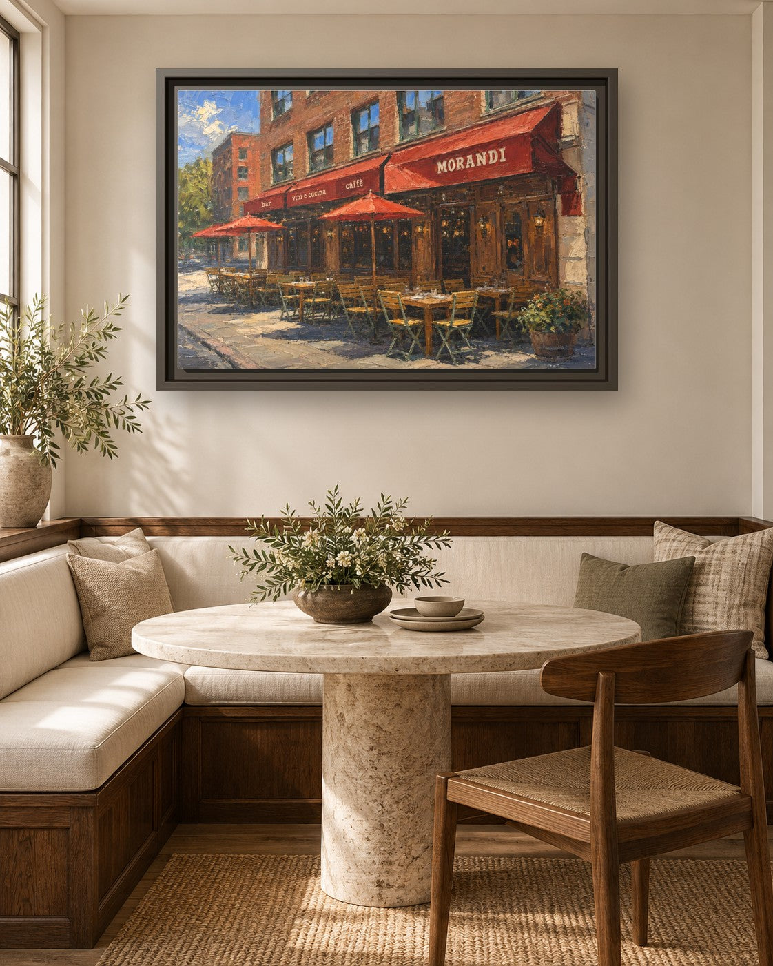 Morandi framed canvas print in a breakfast nook